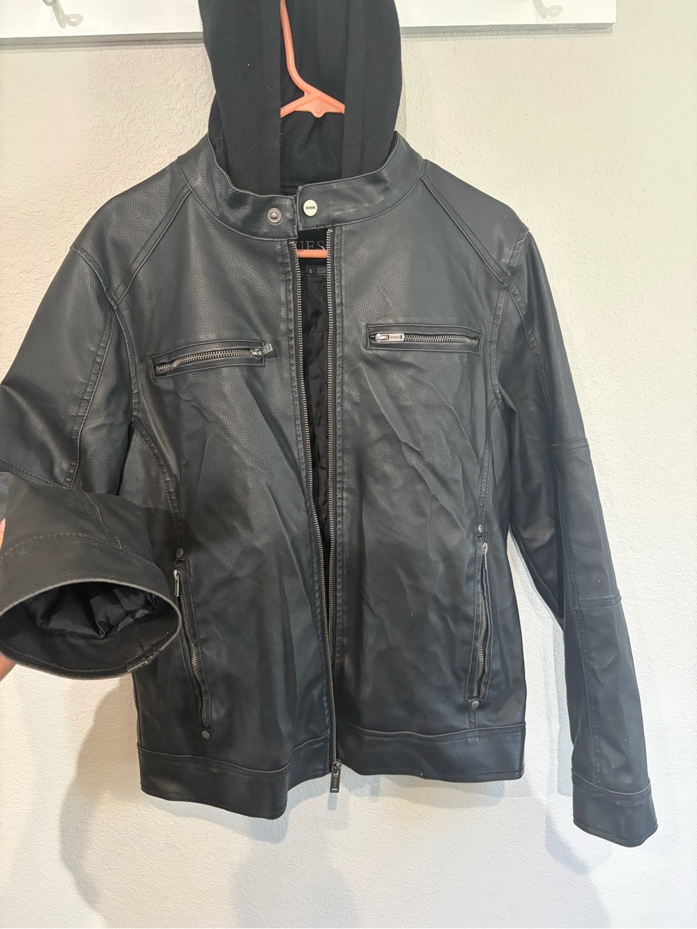 GUESS Black Faux Leather Bomber/Motorcycle Jacket with Quilted removable lining